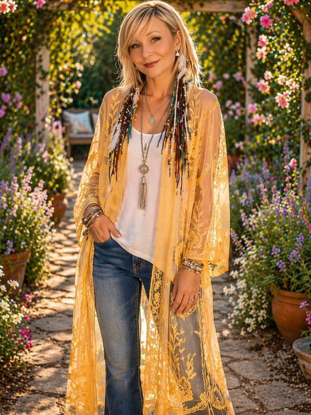 Yellow Embroidered Sheer Kimono Duster Boho Western - Picture 2 of 7